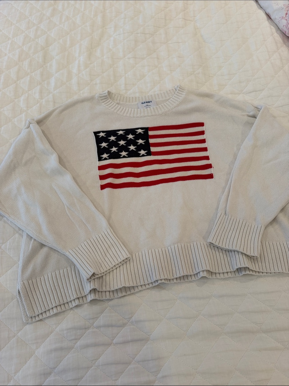 Old Navy Cream Crewneck Sweater with Red & Navy Flag